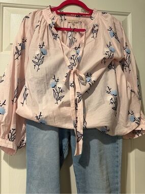 Camicettasnob Pink Embroidered Floral Cotton Blouse Size 48 (US Large)